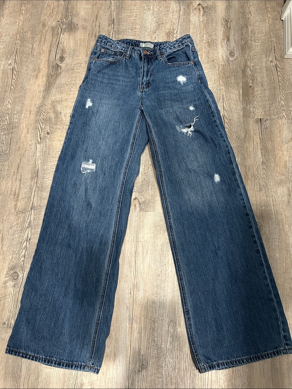 Distressed Blue Wide Leg Soft Denim Jeans